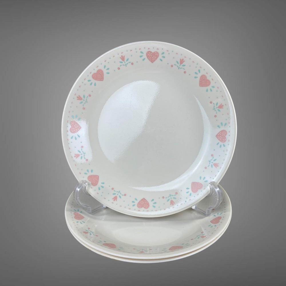 Corelle Forever Yours Salad Plates Set of 3 Peach/Pink Hearts 8.5" 1980s 90s